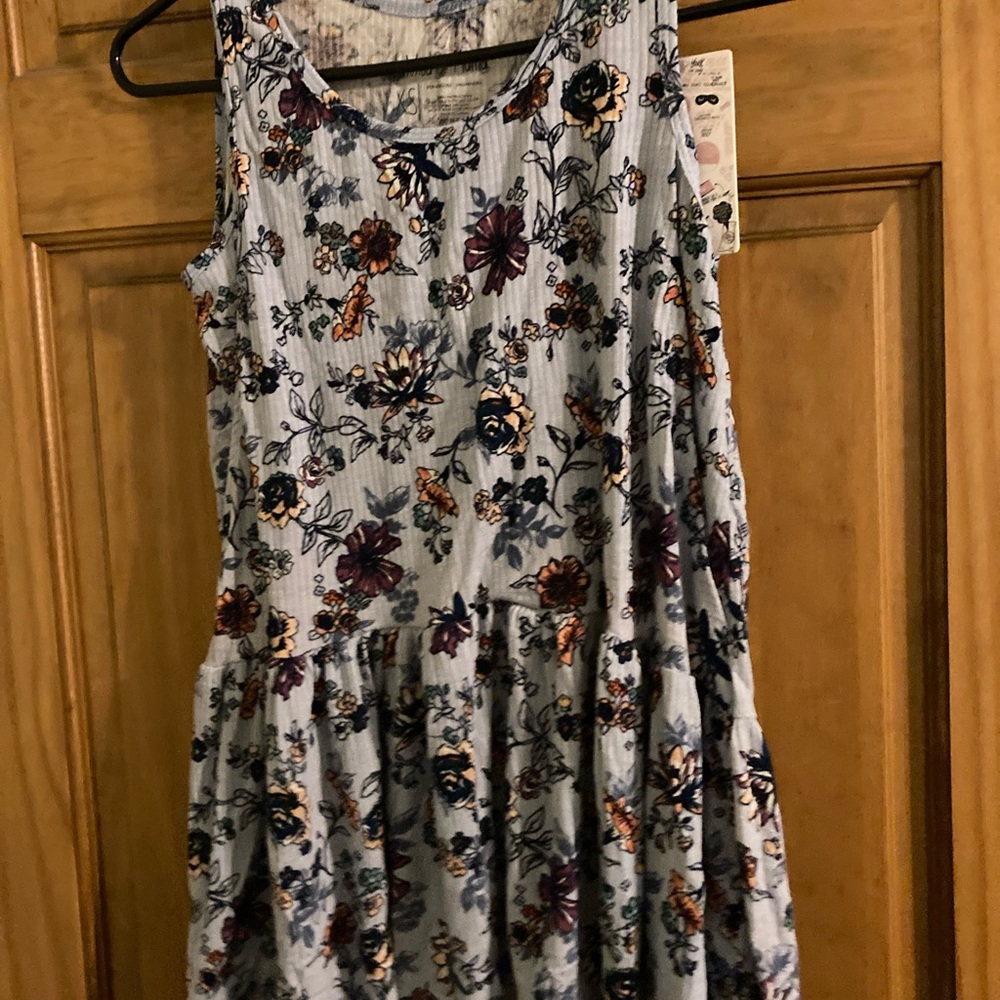 Latched Mama Light Blue Floral Tank Dress with Purple and Rust Flowers